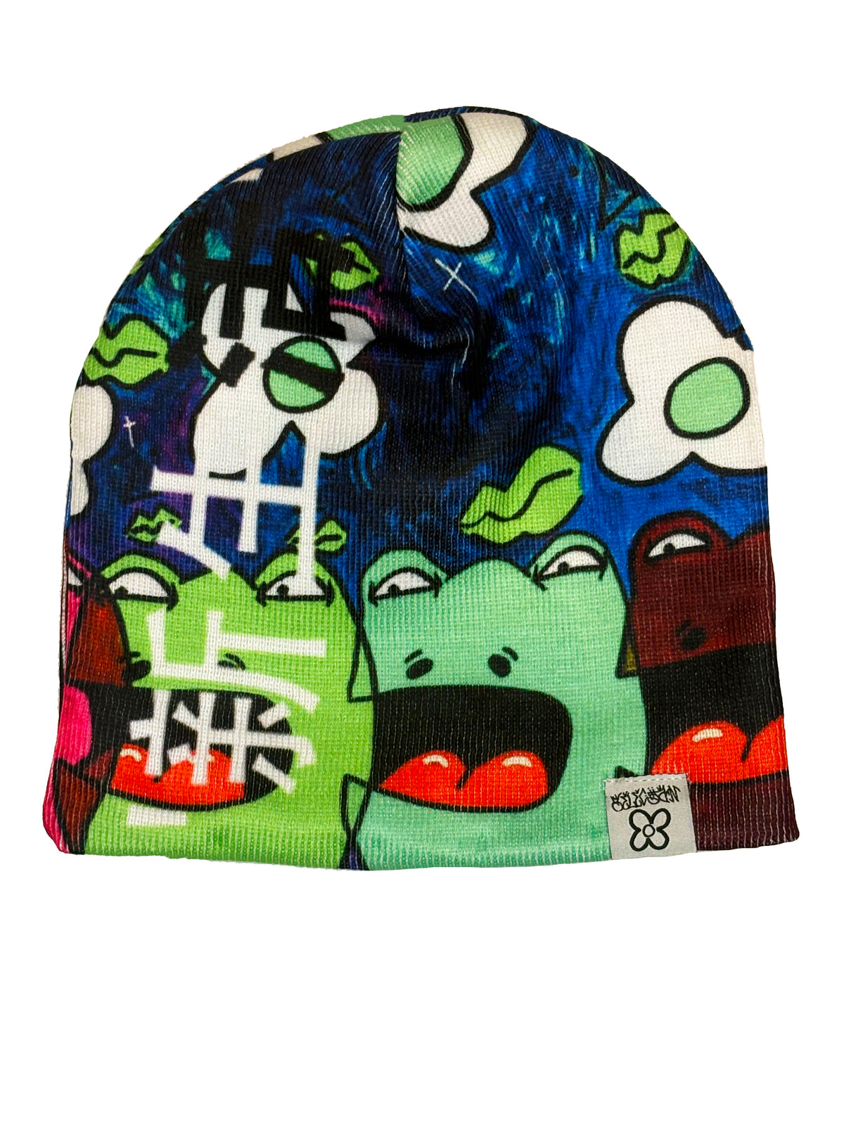 Blue Colorful Frogs Beanie (Satin Interior)