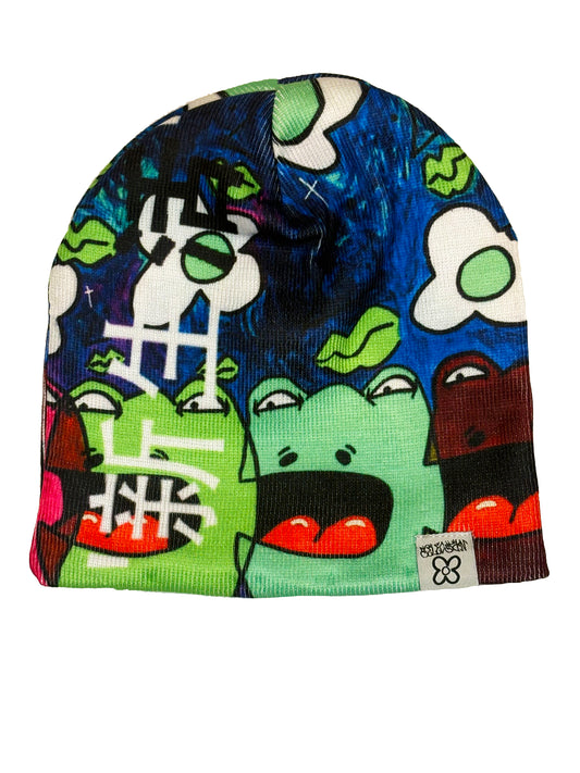 Blue Colorful Frogs Beanie (Satin Interior)