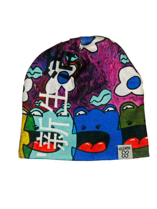 Purple Colorful Frogs Beanie (Satin Interior)